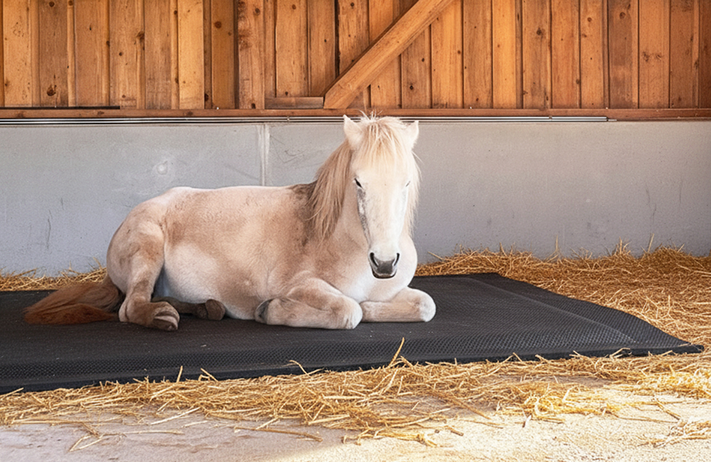 ridcon-stallmatten-pferdebett-bubblebed-soft-beispiel-offenstall Pferd liegt auf Pferdebett in Offenstall.
